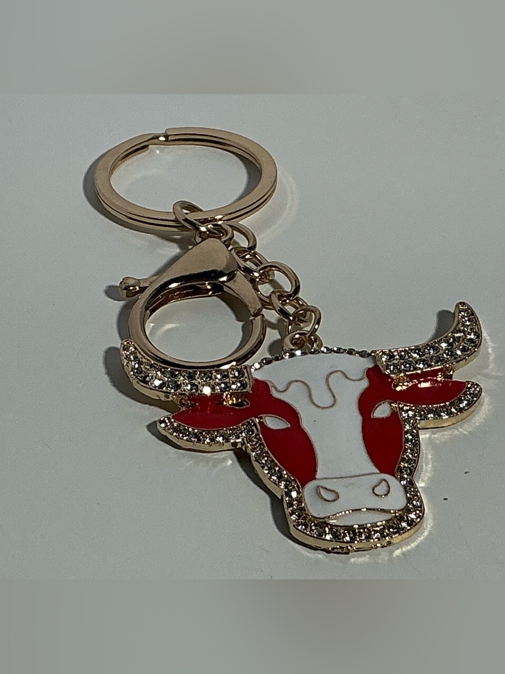 Gold-Tone Red & White Cow Head Keychain Charm